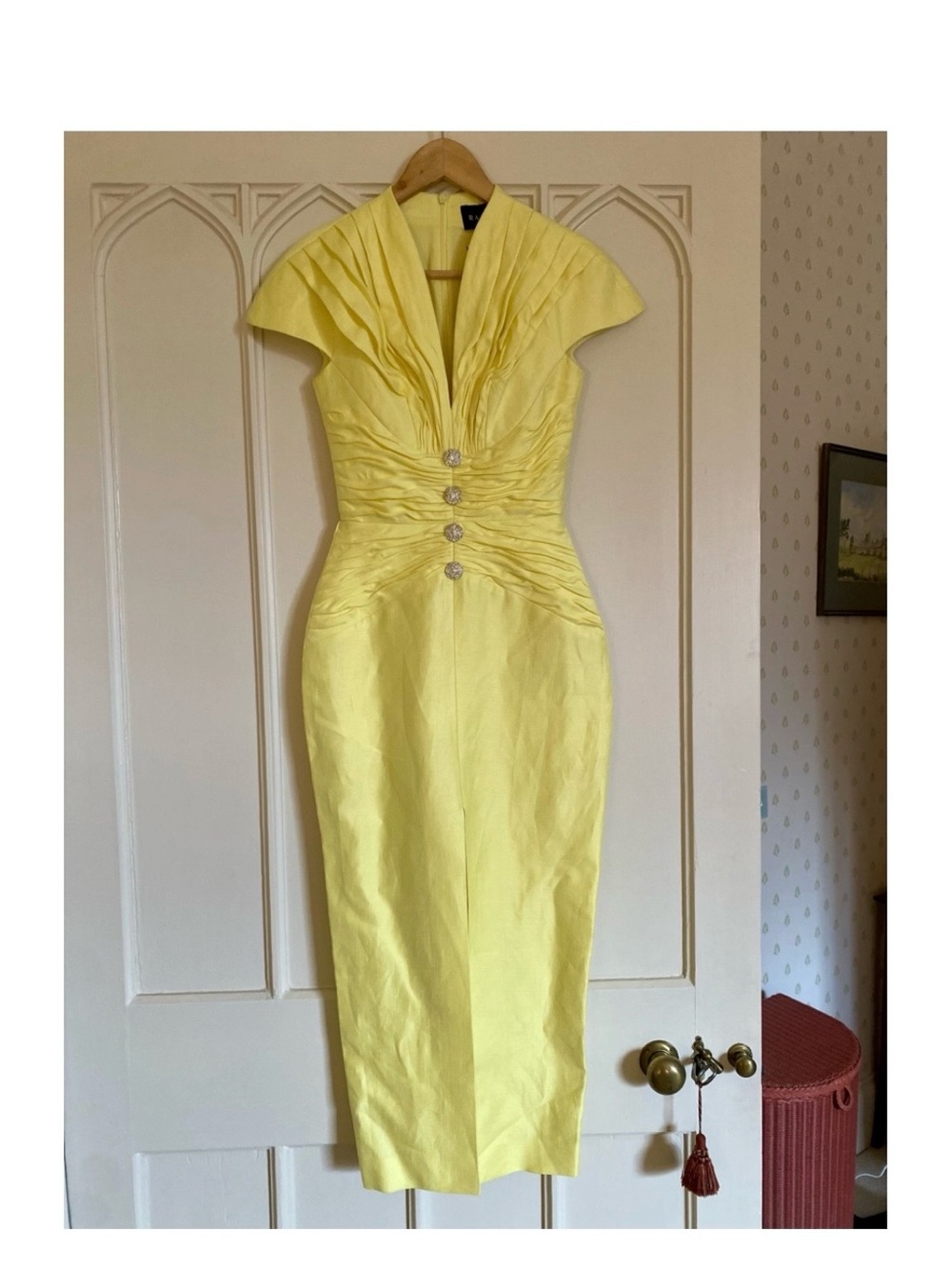 Rasario Yellow Ruched linen Midi Dress with Front Slit and crystal buttons - Picture 2 of 8
